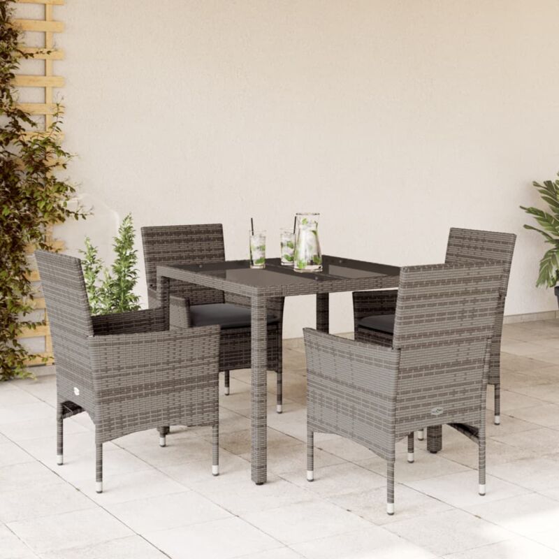 5-tlg. Garten-essgruppe Mit Kissen Grau Poly Rattan Und Glas - Vidaxl