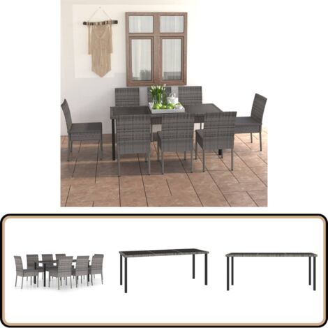 9-tlg. Garten-Essgruppe Poly Rattan Grau - Gartengruppe - Esstisch - Gartenmöbel - Outdoormöbel - Rattanmöbel
