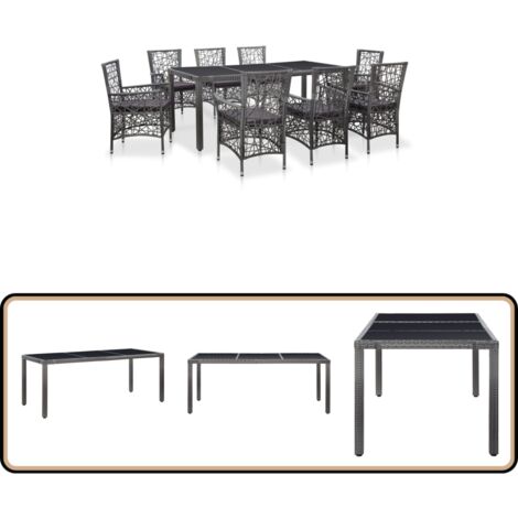9-tlg. Garten-Essgruppe Poly Rattan Grau - Gartentisch - Essgruppen - Outdoor-Möbel - Gartenmöbel - Rattanmöbel