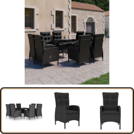 9-tlg. Garten-Essgruppe Poly Rattan und Glas Schwarz - Gartengruppe - Esstisch - Gartenstuhl - Outdoor Möbel - Rattan Gartenmöbel