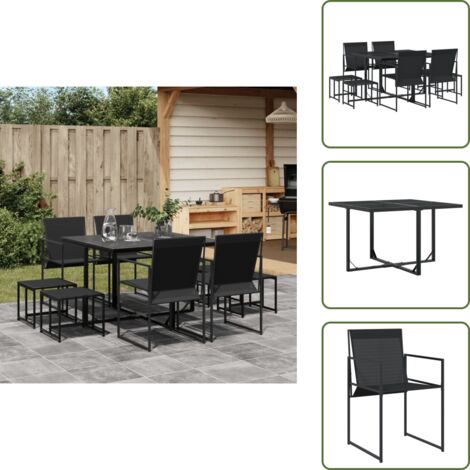 9-tlg. Garten-Essgruppe Schwarz Textilene - Gartentisch - Gartenmöbel Set - Esstisch - Gartenstühle - Rattanmöbel