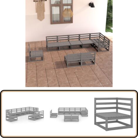 9-tlg. Garten-Lounge-Set Grau Kiefer Massivholz - Gartenmöbel - Loungesessel - Gartenloungeset - Rattan Möbel - Kiefernholzmöbel