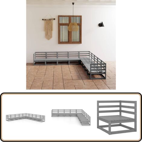9-tlg. Garten-Lounge-Set Grau Kiefer Massivholz - Gartensofa - Lounge Set - Gartenmöbeln - Rattan Gartenmöbel - Holz Gartenmöbel