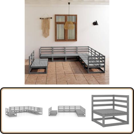 9-tlg. Garten-Lounge-Set Grau Kiefer Massivholz - Gartensofa - Lounge Set - Gartenmöbeln - Rattan Gartenmöbel - Holz Gartenmöbel