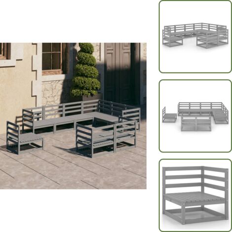 9-tlg. Garten-Lounge-Set Grau Kiefer Massivholz - Gartensofa - Lounge Set - Gartenmöbeln - Rattan Gartenmöbel - Outdoor Furniture