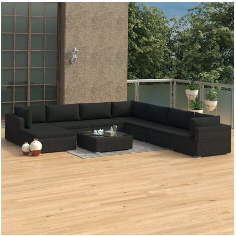 9-tlg. Garten-Lounge-Set mit Auflagen Poly Rattan Schwarz