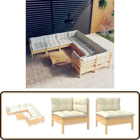 9-tlg. Garten-Lounge-Set mit Creme Kissen Kiefernholz - Garten Lounge Set - Kiefernholz Möbel - Outdoor Möbel - Loungemöbel - Gartengeräte