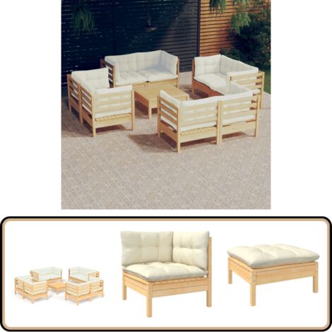 9-tlg. Garten-Lounge-Set mit Creme Kissen Kiefernholz - Gartenmöbel - Loungesessel - Gartenloungeset - Rattan Möbel - Outdoor Furniture