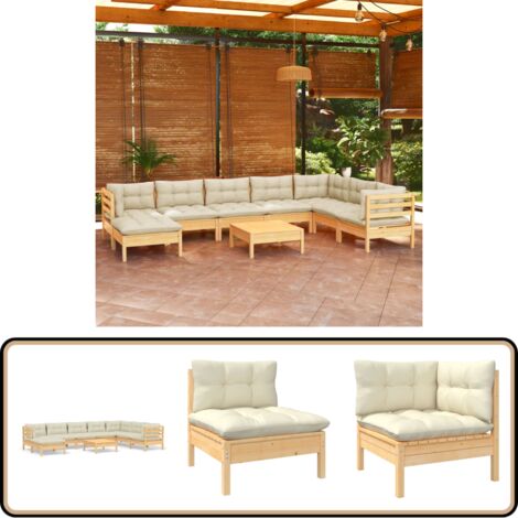 9-tlg. Garten-Lounge-Set mit Creme Kissen Massivholz Kiefer - Gartenmöbeln - Lounge Set - Outdoor Möbel - Kiefernholz - Rattan