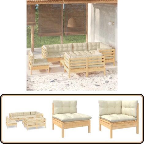 9-tlg. Garten-Lounge-Set mit Creme Kissen Massivholz Kiefer - Gartenzubehör - Lounge Set - Gartenmöbel - Kiefernholz Möbel - Outdoor Furniture
