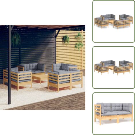 9-tlg. Garten-Lounge-Set mit Grauen Kissen Kiefernholz - Gartenmöbel - Loungesessel - Kiefernholz Möbel - Outdoor Furniture - Gartengeräte