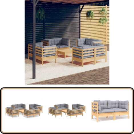 9-tlg. Garten-Lounge-Set mit Grauen Kissen Kiefernholz - Gartenmöbel - Loungesessel - Kiefernholz Möbel - Outdoor Furniture - Gartengeräte