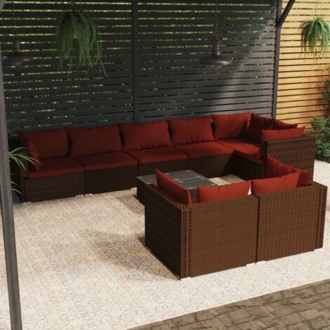 9-tlg. Garten-Lounge-Set mit Kissen Braun Poly Rattan
