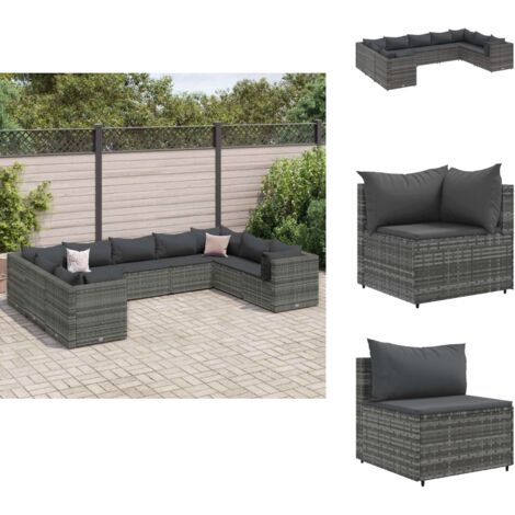 9-tlg. Garten-Lounge-Set mit Kissen Grau Poly Rattan - Gartensets - Loungeset - Gartenmöbel - Rattan Möbel - Outdoor Möbel