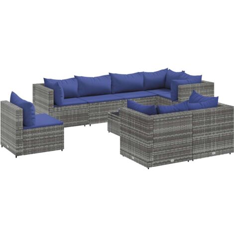 9-tlg. Garten-Lounge-Set mit Kissen Grau Poly Rattan vidaXL