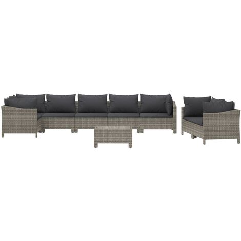 9-tlg. Garten-Lounge-Set mit Kissen Grau Poly Rattan vidaXL