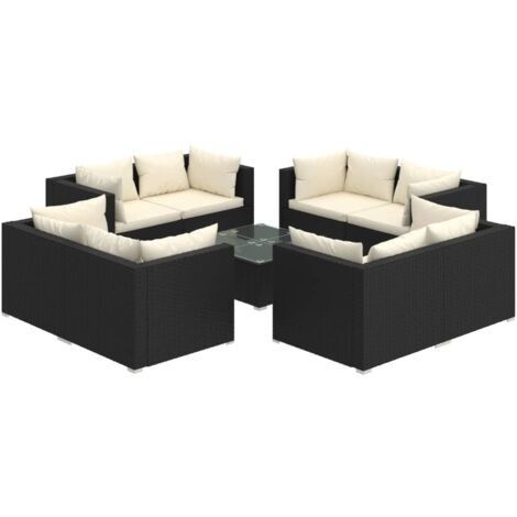 9-tlg. Garten-Lounge-Set mit Kissen Poly Rattan Schwarz vidaXL