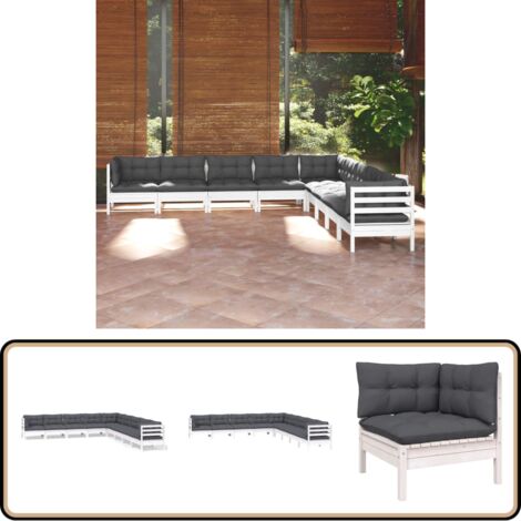 9-tlg. Garten-Lounge-Set mit Kissen Weiß Kiefer Massivholz - Garten Lounge Set - Kiefernholzmöbel - Outdoor Möbel - Gartengeräte - Loungemöbel