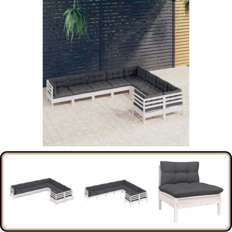 9-tlg. Garten-Lounge-Set mit Kissen Weiß Kiefernholz - Garten Lounge Set - Kiefernholz Möbel - Outdoor Sessel - Gartenmöbel - Loungesessel