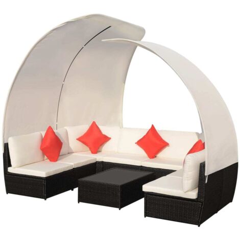 9-tlg. Garten-Lounge-Set mit Sonnendächern Poly Rattan Schwarz vidaXL