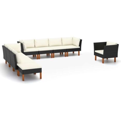 9-tlg. Garten-Lounge-Set Poly Rattan Eukalyptusholz Schwarz