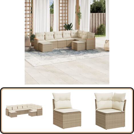 9-tlg. Garten-Sofagarnitur mit Kissen Beige Poly Rattan - Gartenmöbel - Esszimmergarnituren - Outdoor-Lounge - Rattanmöbel - Gartensorgsitzgruppe