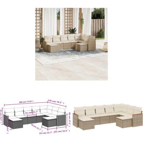 9-tlg. Garten-Sofagarnitur mit Kissen Beige Poly Rattan - Gartenmöbel - Esszimmergarnituren - Outdoor Möbel - Lounge Set - Rattan Gartenmöbel - Home & Living