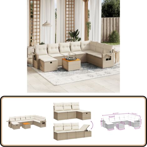 9-tlg. Garten-Sofagarnitur mit Kissen Beige Poly Rattan - Gartenmöbel Set - Esszimmergarnitur Outdoor - Rattan Gartenset - Lounge Garnitur - Balkonmöbel
