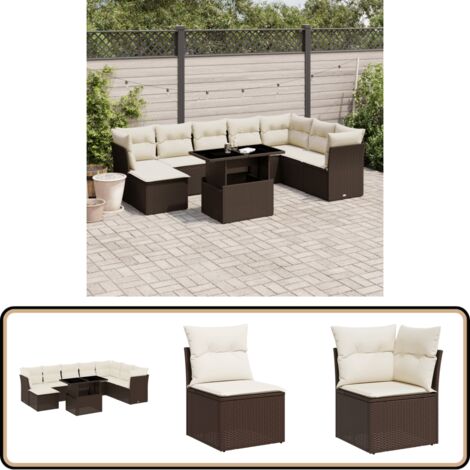 9-tlg. Garten-Sofagarnitur mit Kissen Braun Poly Rattan - Gartenmöbel Set - Esszimmerset Outdoor - Lounge Möbel - Rattan Sofa - Gartenlounge