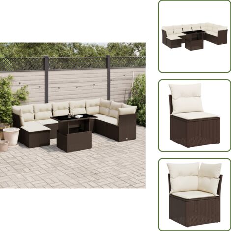 9-tlg. Garten-Sofagarnitur mit Kissen Braun Poly Rattan - Gartenmöbel Set - Esszimmerset Outdoor - Lounge Möbel - Rattan Sofa - Gartenlounge