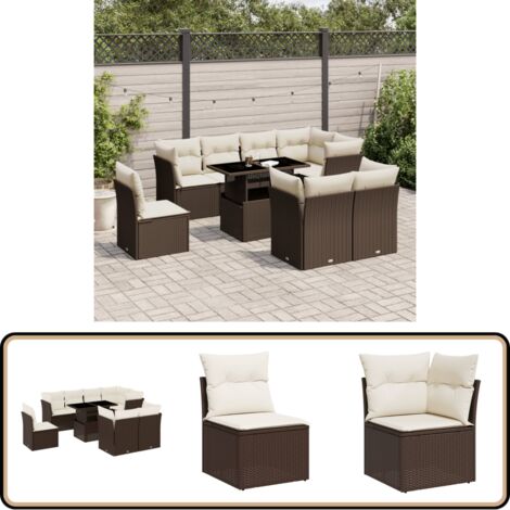 9-tlg. Garten-Sofagarnitur mit Kissen Braun Poly Rattan - Gartensorte - Gartenmöbelset - PE-Rattan Möbel - Outdoor Sofa - Lounge Set