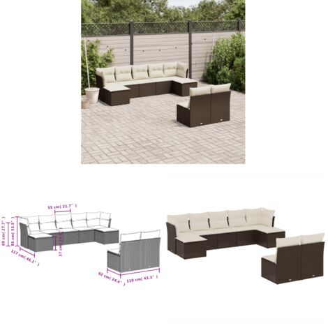 9-tlg. Garten-Sofagarnitur mit Kissen Braun Poly Rattan - Gartensorte - Gartenmöbelset - PE-Rattan Möbel - Outdoor Sofa - Lounge Set - Home & Living