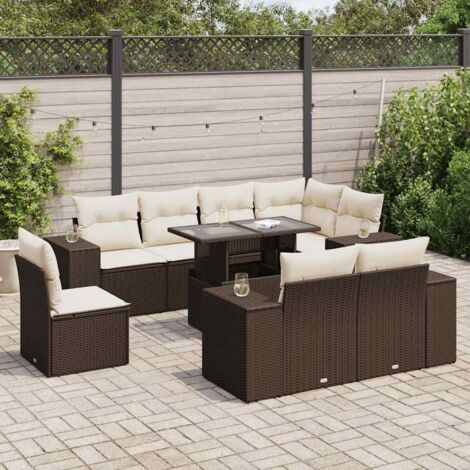 9-tlg. Garten-Sofagarnitur mit Kissen Braun Poly Rattan vidaXL