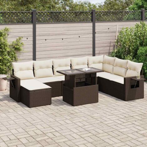 9-tlg. Garten-Sofagarnitur mit Kissen Braun Poly Rattan vidaXL