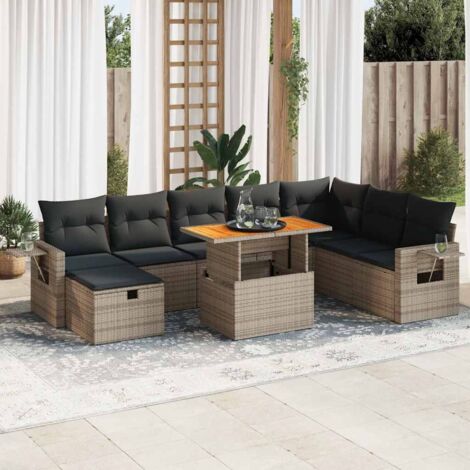9-tlg. Garten-Sofagarnitur mit Kissen Grau Poly Rattan Akazie vidaXL