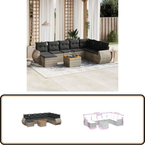 9-tlg. Garten-Sofagarnitur mit Kissen Grau Poly Rattan - Gartenmöbel - Esstischgarnituren - Outdoor Möbel - Lounge Set - Rattan Gartenmöbel