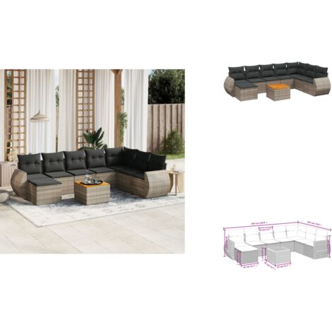 9-tlg. Garten-Sofagarnitur mit Kissen Grau Poly Rattan - Gartenmöbel - Esstischgarnituren - Outdoor Möbel - Lounge Set - Rattan Gartenmöbel
