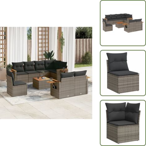 9-tlg. Garten-Sofagarnitur mit Kissen Grau Poly Rattan - Gartenmöbel - Lounge Set - Rattan Möbel - Outdoor Möbel - Esszimmergarnitur