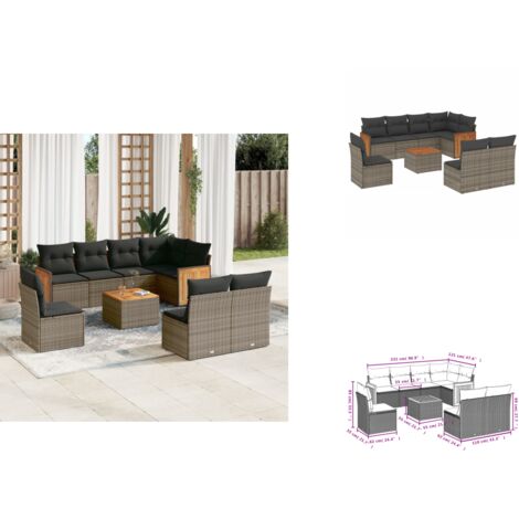 9-tlg. Garten-Sofagarnitur mit Kissen Grau Poly Rattan - Gartenmöbel - PE-Rattan Möbel - Outdoor Furniture - Lounge Set - Esstisch