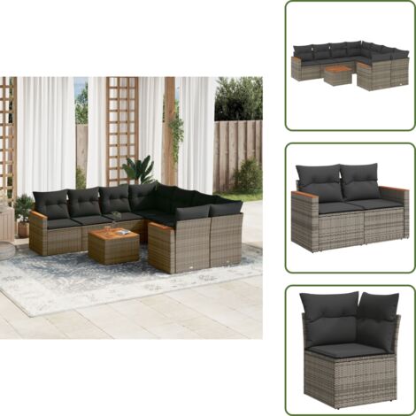 9-tlg. Garten-Sofagarnitur mit Kissen Grau Poly Rattan - Gartenmöbel Set - Outdoor Lounge - Rattan Gartenset - Esstisch Set - Balkonmöbel