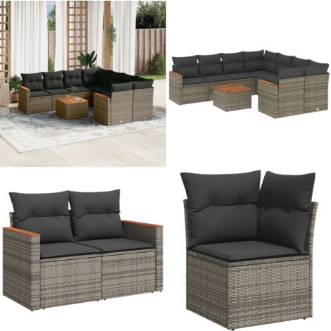 9-tlg. Garten-Sofagarnitur mit Kissen Grau Poly Rattan - Gartenmöbel Set - Outdoor Lounge - Rattan Gartenset - Esstisch Set - Balkonmöbel - Home & Living