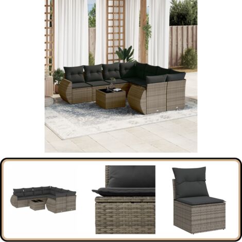 9-tlg. Garten-Sofagarnitur mit Kissen Grau Poly Rattan - Gartenmöbel Set - Outdoor Möbel - Rattan Gartenset - Lounge Set - Esstisch Set