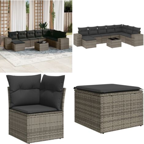 9-tlg. Garten-Sofagarnitur mit Kissen Grau Poly Rattan - Gartenmöbel Set - Rattan Möbel - Outdoor Lounge - Esstisch - Sofas - Home & Living