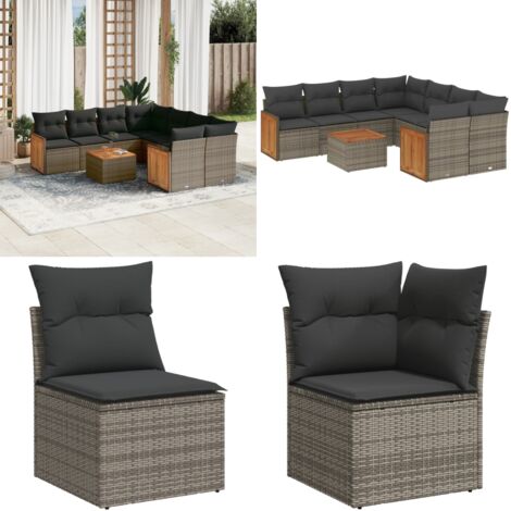 9-tlg. Garten-Sofagarnitur mit Kissen Grau Poly Rattan - Gartenmöbel Set - Rattan Möbel - Outdoor Lounge - Esstisch - Sofasatz - Home & Living