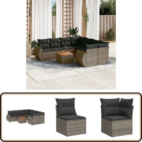 9-tlg. Garten-Sofagarnitur mit Kissen Grau Poly Rattan - Gartenmöbel - Sofas - Outdoor Möbel - Lounge Set - Rattan Gartenmöbel