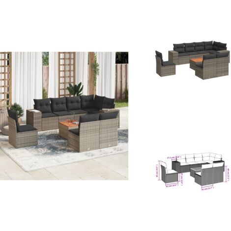 9-tlg. Garten-Sofagarnitur mit Kissen Grau Poly Rattan - Gartensorte - Gartenmöbelset - Outdoor Möbel - Lounge Set - Rattan Gartenmöbel