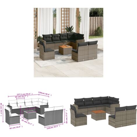 9-tlg. Garten-Sofagarnitur mit Kissen Grau Poly Rattan - Gartensorte - Gartenmöbelset - Outdoor Möbel - Lounge Set - Rattan Gartenmöbel - Home & Living