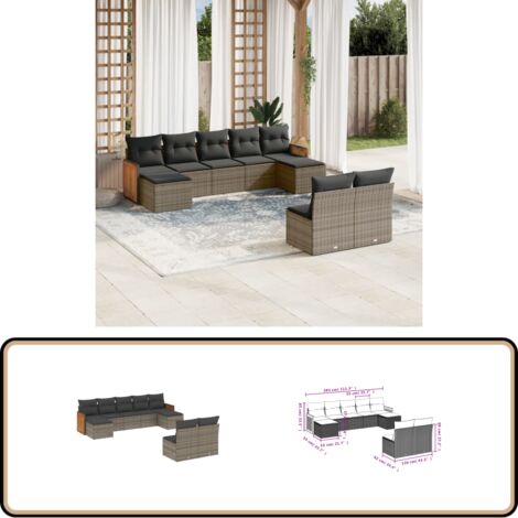 9-tlg. Garten-Sofagarnitur mit Kissen Grau Poly Rattan - Gartensorte - Gartenmöbelset - PE-Rattan Möbel - Outdoor Lounge Set - Balkonmöbel
