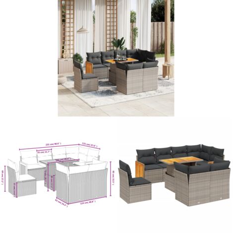 9-tlg. Garten-Sofagarnitur mit Kissen Grau Poly Rattan - Gartensorte - Outdoor Möbel - Lounge Set - Gartenlounge - Rattan Gartenmöbel - Home & Living