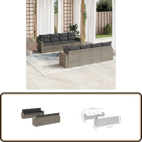 9-tlg. Garten-Sofagarnitur mit Kissen Grau Poly Rattan - Gartensorte - Outdoor Möbel - Lounge Set - Gartenlounge - Rattan Sofa